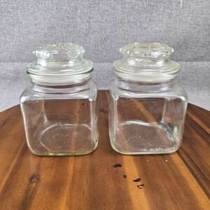 Set Of 2 Vintage Glass Apothecary Jars With Lids For Kitchen Storage Clear 6.5in